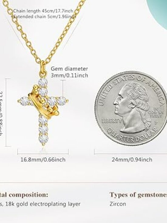 Crown Cross Necklace for Women, Dainty Cross Faith with  18K Gold‎ Plated Crown Faith Cross Cubic Zirconia Trendy Pendant Necklace